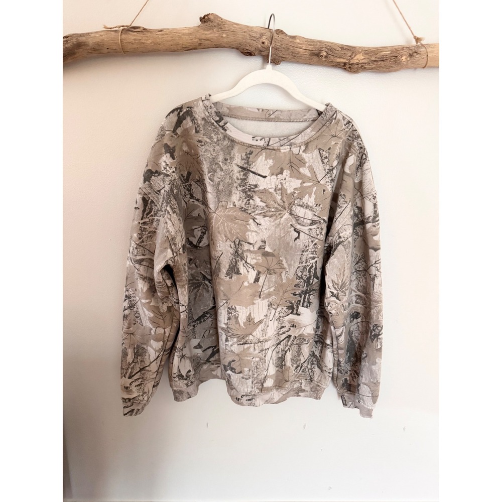 Camo Leaf Print Crewneck Sweatshirt Tan Beige Nature Pullover Fleece Lined Large